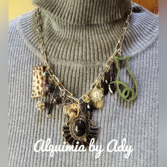 Black and gold multi charms necklace obsidian - Picture 1 of 8